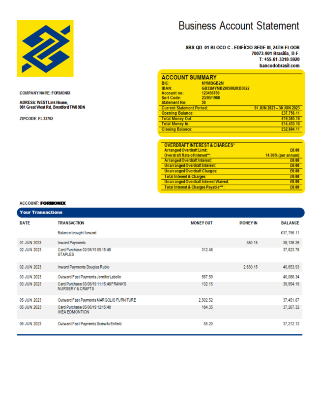 Modèle Word et PDF de relevé de compte de l'organisation bancaire Banco do Brasil
